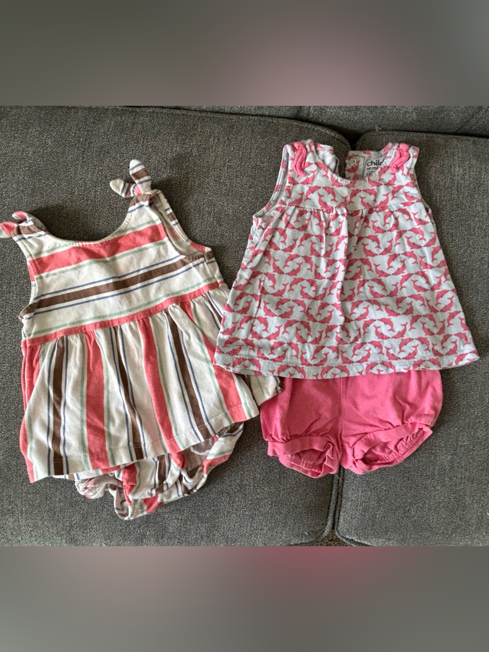 Girls Pink Striped Summer outfit + Pink Dolphin Print Dress Set 12m